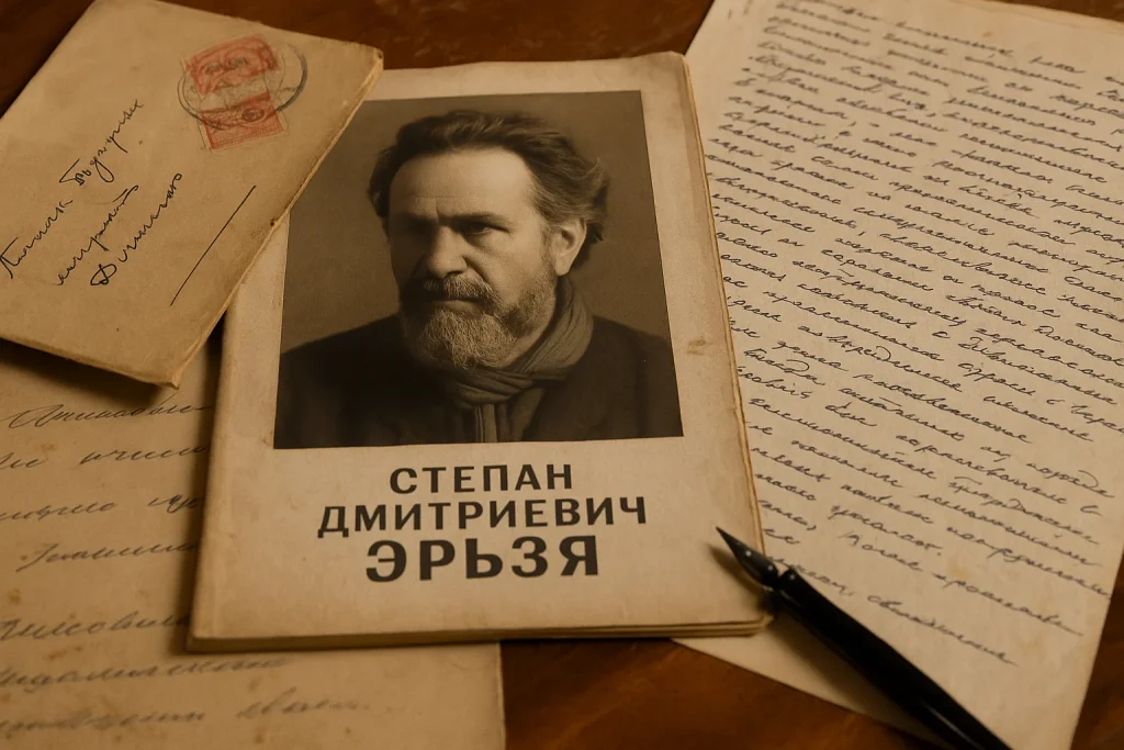 Старинные архивные документы с портретом Степана Дмитриевича Эрьзи, перьевой ручкой и письмами, разложенные на деревянной поверхности